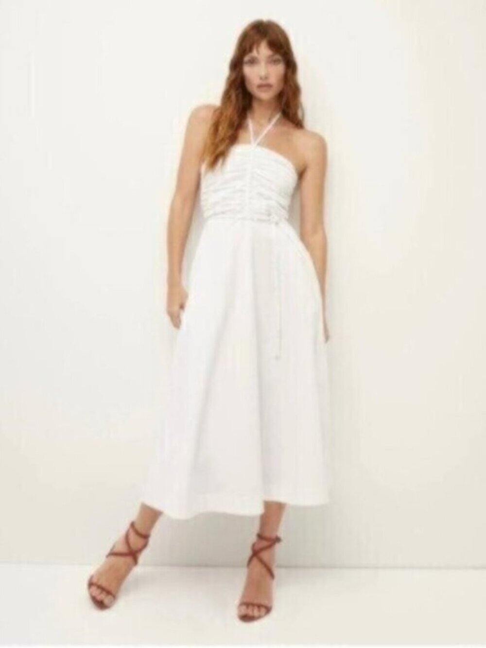 Veronica Beard White Tucker Ruched Halter Midi Dress